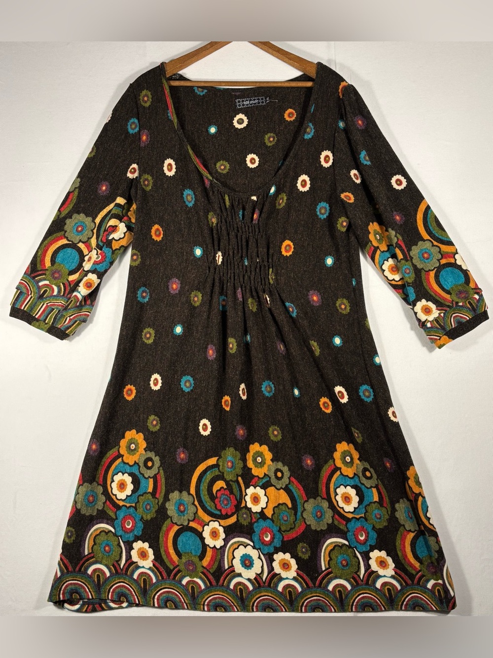 Ice Silk Women’s 1XL Brown Floral Multicolor Scoop Neck Dress Boho 3/4 Sleeves